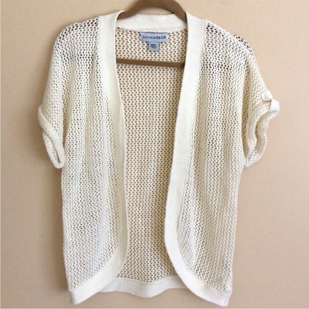 Sag Harbor Crochet Missy Island Ease Cream Open Front Cardigan Sweater  S Small